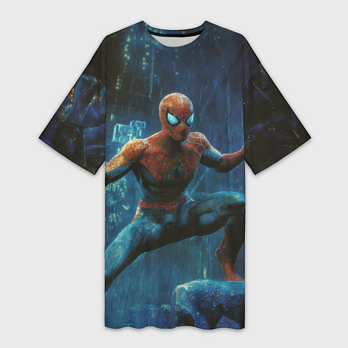 Женская длинная футболка Человек - паук в ночном городе / 3D-принт – фото 1