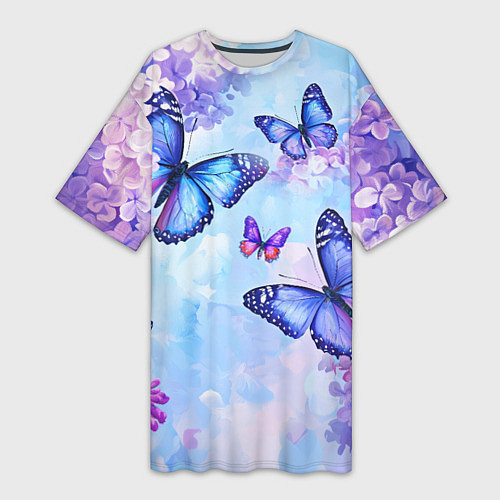 Женская длинная футболка Бабочки и сирень - нежная голубая живопись / 3D-принт – фото 1