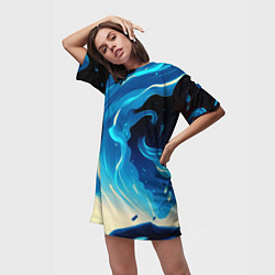 Футболка женская длинная Бело-синее пламя из абстрактных красок, цвет: 3D-принт — фото 2