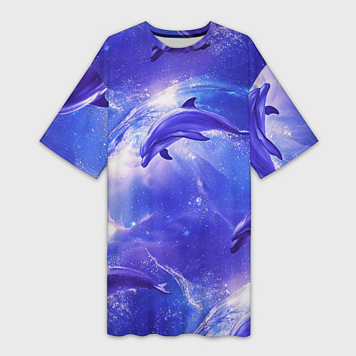 Женская длинная футболка Дельфины в волшебном море паттерн / 3D-принт – фото 1
