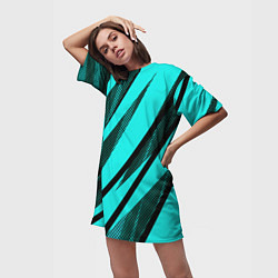 Футболка женская длинная Неоновый голубой с чёрным абстракция с полосами, цвет: 3D-принт — фото 2