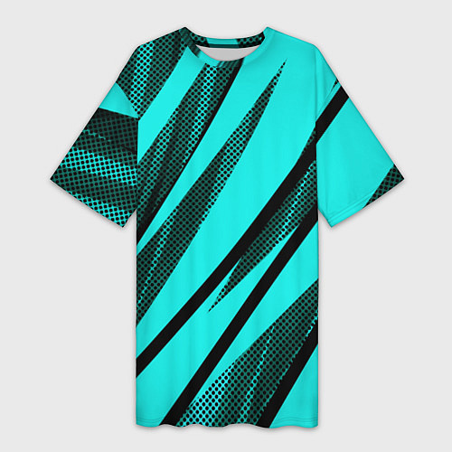Женская длинная футболка Неоновый голубой с чёрным абстракция с полосами / 3D-принт – фото 1