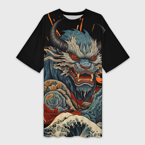 Женская длинная футболка Японский дракон и волны в стиле тату ирезуми / 3D-принт – фото 1