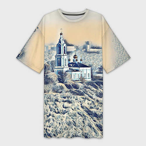 Женская длинная футболка Храм на фоне современного города / 3D-принт – фото 1