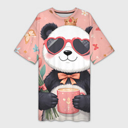 Футболка женская длинная Панда с поздравлениями и с цветами, цвет: 3D-принт