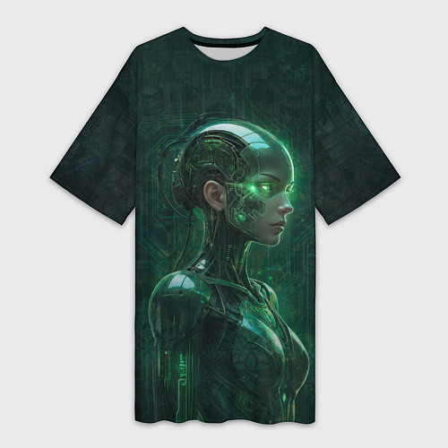 Женская длинная футболка Девушка-андроид в зелёных тонах / 3D-принт – фото 1