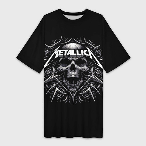 Женская длинная футболка Metallica - a skull with roses and thorns / 3D-принт – фото 1