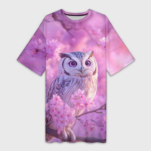 Женская длинная футболка Сова в весенних цветах / 3D-принт – фото 1