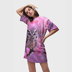 Футболка женская длинная Сова на ветке с розовыми цветами, цвет: 3D-принт — фото 2
