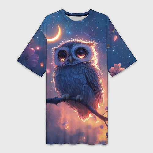 Женская длинная футболка Совушка и полумесяц / 3D-принт – фото 1