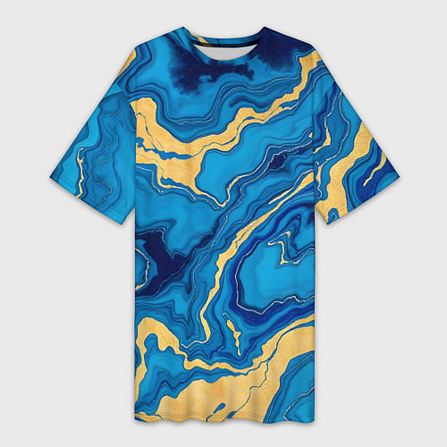 Женская длинная футболка Синий мрамор с золотом / 3D-принт – фото 1