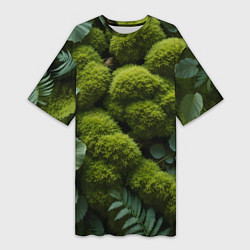Футболка женская длинная Зеленый мох и листья, цвет: 3D-принт