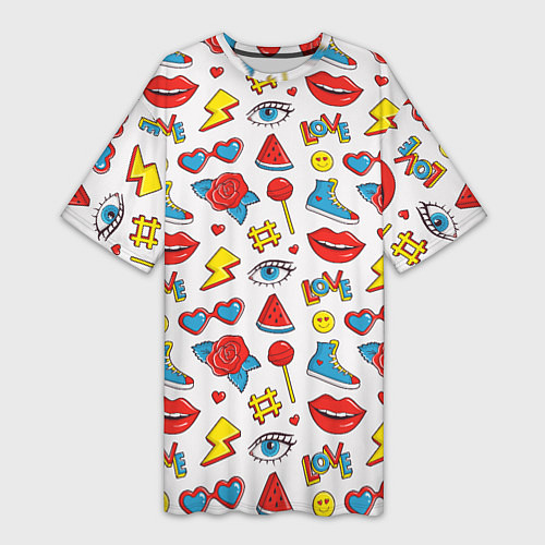 Женская длинная футболка Паттерн с яркими молодежными стикерами / 3D-принт – фото 1