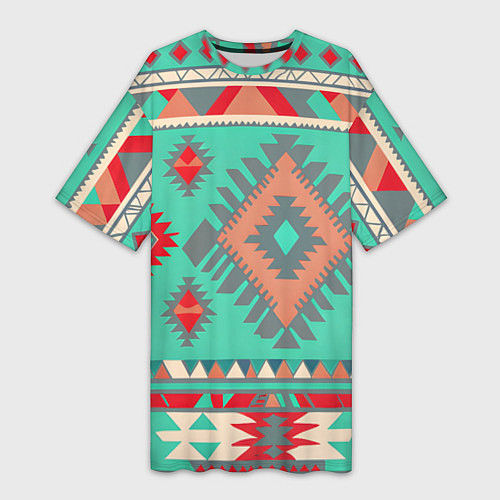 Женская длинная футболка Оранжево бирюзовый геометрический узор в стиле ацт / 3D-принт – фото 1
