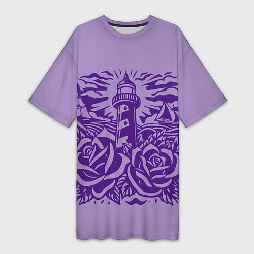 Женская длинная футболка Маяк с розами и корабли / 3D-принт – фото 1