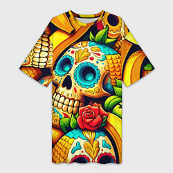 Футболка женская длинная Colorfull skulls and bananas - pop art pattern, цвет: 3D-принт