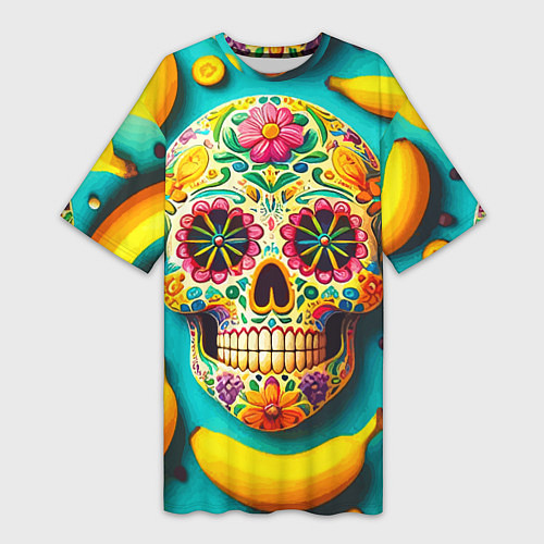 Женская длинная футболка Череп и бананы - летняя композиция / 3D-принт – фото 1
