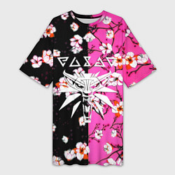 Футболка женская длинная Ведьмак паттерн сакура, цвет: 3D-принт