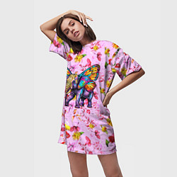 Футболка женская длинная Слон с крыльями бабочки, цвет: 3D-принт — фото 2