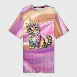 Футболка женская длинная Котенок в костюме единорога, цвет: 3D-принт