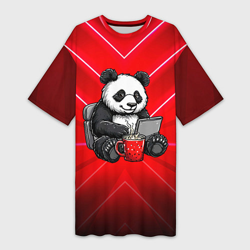 Женская длинная футболка Панда работает за ноутбуком / 3D-принт – фото 1