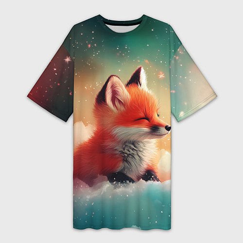 Женская длинная футболка Милый лисенок спит на облаке / 3D-принт – фото 1