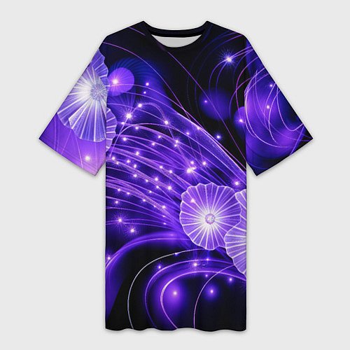 Женская длинная футболка Силуэты цветов на темном фоне - фиолетовое свечени / 3D-принт – фото 1