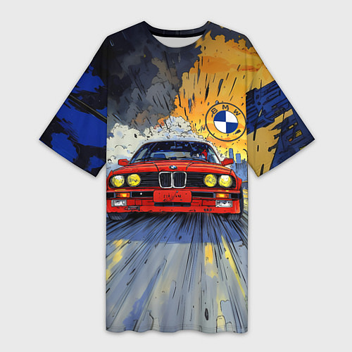 Женская длинная футболка Красная BMW на скорости / 3D-принт – фото 1