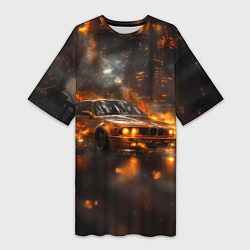 Футболка женская длинная БМВ в огне, цвет: 3D-принт