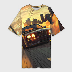 Футболка женская длинная БМВ на фоне заката, цвет: 3D-принт