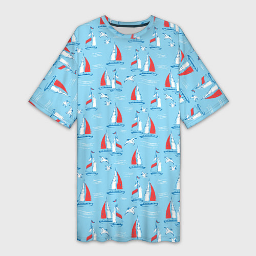 Женская длинная футболка Морской паттерн с парусными лодками и чайками / 3D-принт – фото 1