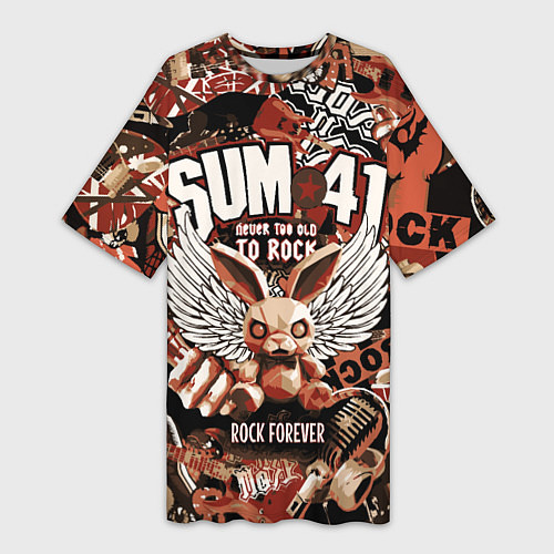 Женская длинная футболка Sum 41 на фоне кролика и гитар / 3D-принт – фото 1
