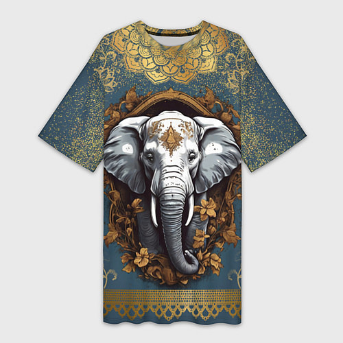 Женская длинная футболка Слон лотос и золотая мандала / 3D-принт – фото 1