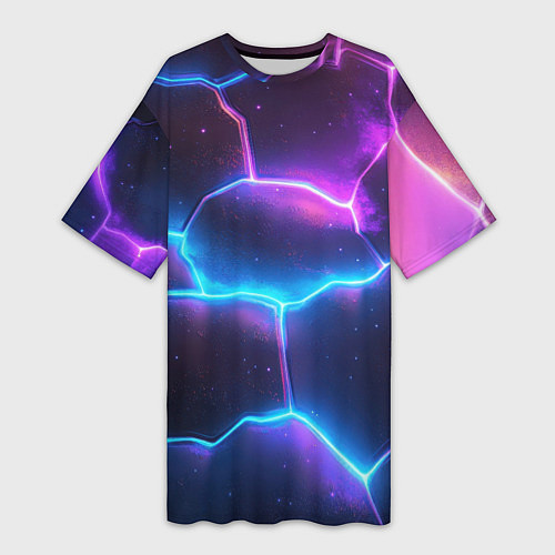 Женская длинная футболка Синие и фиолетовые молнии в разломе / 3D-принт – фото 1