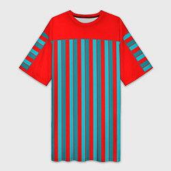 Женская длинная футболка Красно синий комбинированный узор с полосами