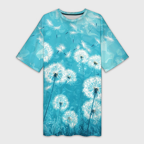 Женская длинная футболка Белые одуванчики на бирюзовом фоне / 3D-принт – фото 1