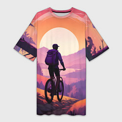 Футболка женская длинная Велосипедист в малиновом закате, цвет: 3D-принт