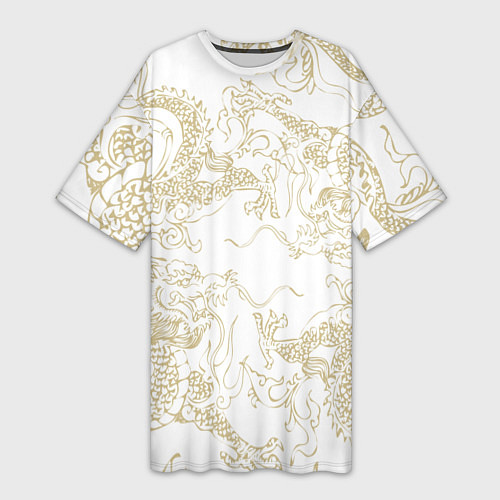 Женская длинная футболка Золотой дракон в виде узора на белом / 3D-принт – фото 1