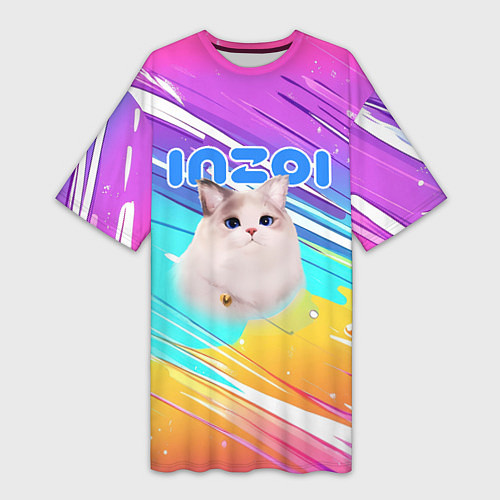 Женская длинная футболка Inzoi кошечка на радужном фоне / 3D-принт – фото 1