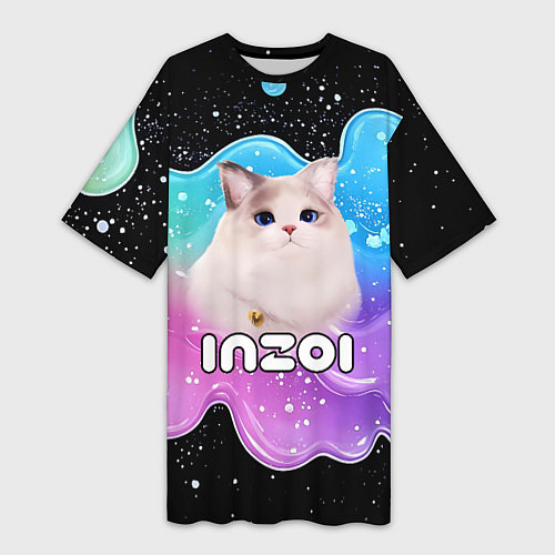 Женская длинная футболка Inzoi кошечка волнистая радуга / 3D-принт – фото 1