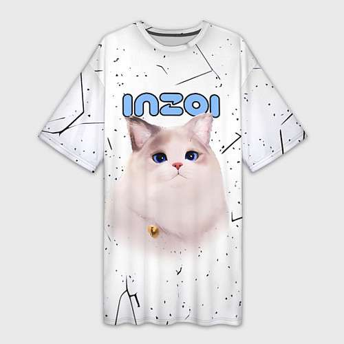 Женская длинная футболка Inzoi кошечка на белом фоне / 3D-принт – фото 1