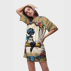 Футболка женская длинная Аниме фея с цветами на качелях, цвет: 3D-принт — фото 2