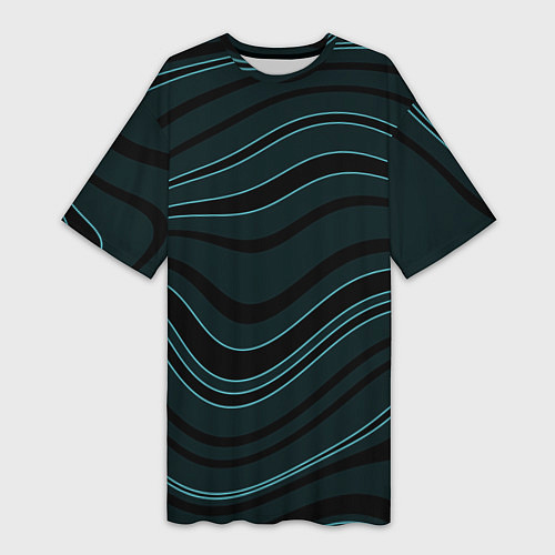 Женская длинная футболка Тёмный синий волнистые полосы / 3D-принт – фото 1