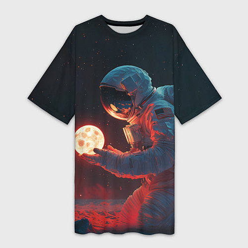 Женская длинная футболка Космонавт на Марсе держит маленькую планету / 3D-принт – фото 1