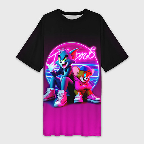 Женская длинная футболка Tom and Jerry - neon glow fantasy / 3D-принт – фото 1