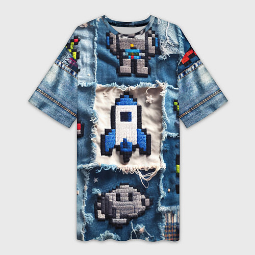 Женская длинная футболка Космический пиксельный корабль / 3D-принт – фото 1