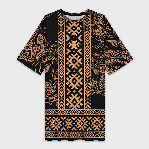 Женская длинная футболка Золотой дракон с узорами славянскими / 3D-принт – фото 1