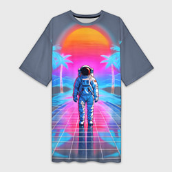 Футболка женская длинная Пальмы в космосе - вапорвейв космонавт, цвет: 3D-принт