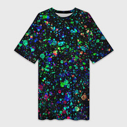 Футболка женская длинная Чёрный с брызгами сине-зелёными абстракция, цвет: 3D-принт