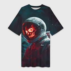 Футболка женская длинная Череп космонавта красного цвета, цвет: 3D-принт